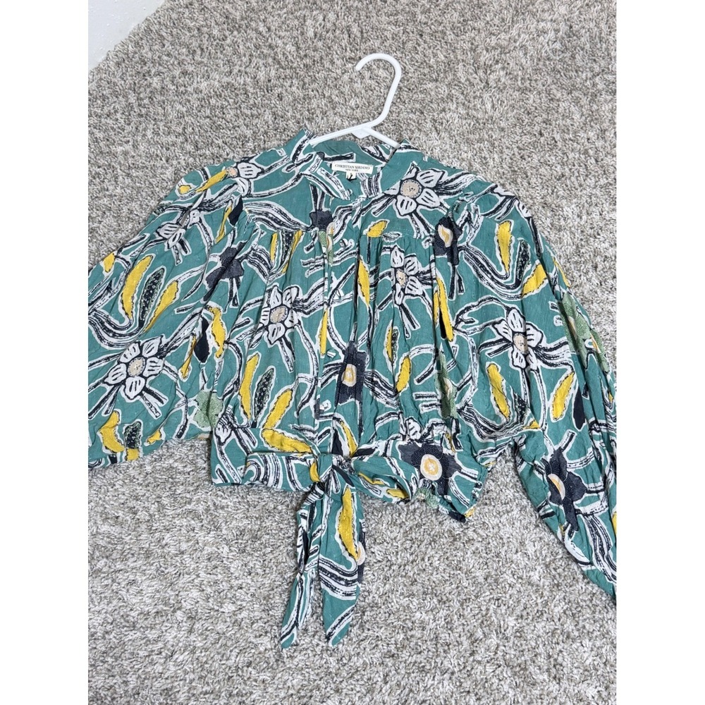 Christian Siriano Blouse Womens Small Green Floral Tie Front Boho Festival NWT
